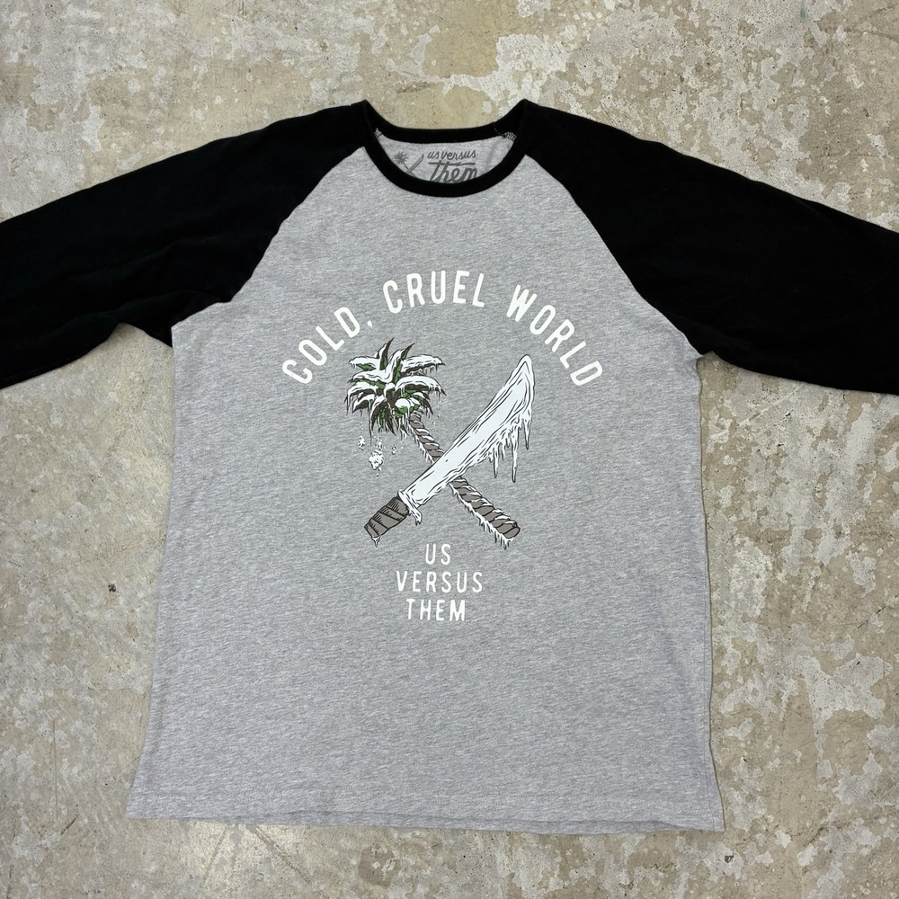 Us Versus Them Cold Cruel World Raglan Shirt Mens Large Gray Black Baseball Tee - Picture 3 of 10